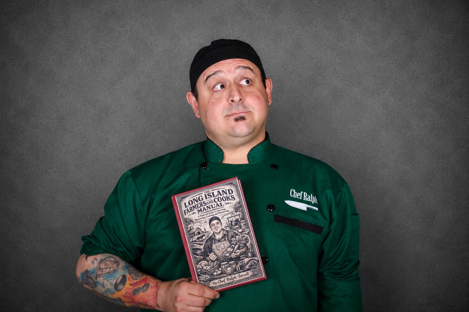 Chef Ralph in a green chef coat presenting his book