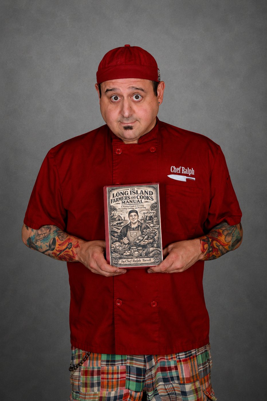 Chef Ralph holding a copy of the Long Island Farmers and Cooks Manual