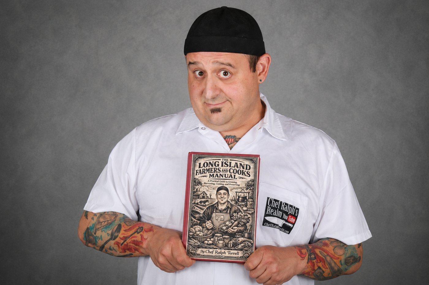 Chef Ralph in a white chef coat holding his book