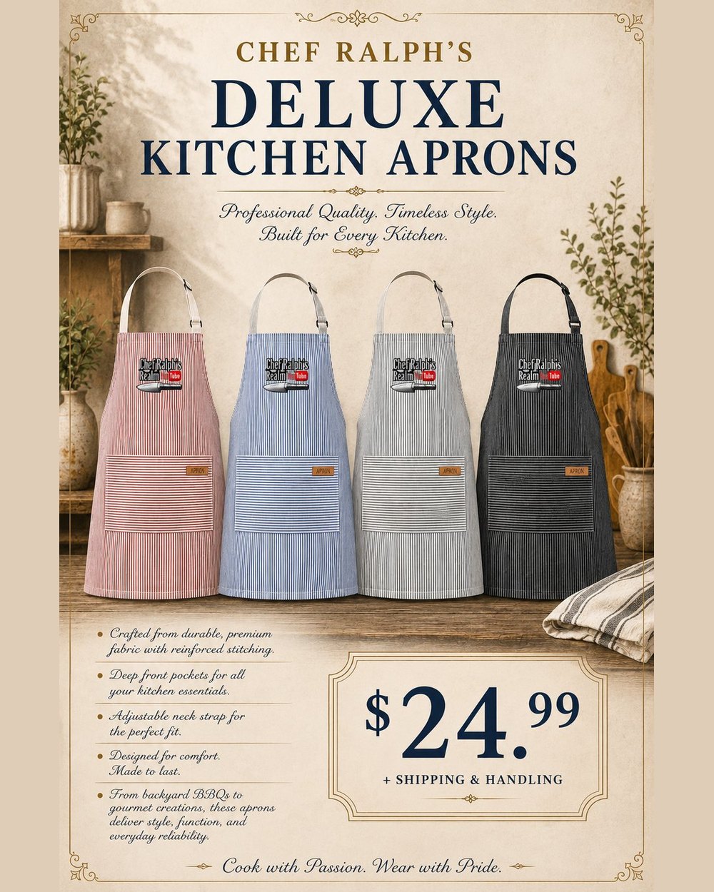 Four Deluxe Kitchen Aprons in pink, blue, grey and black, hung side by side
