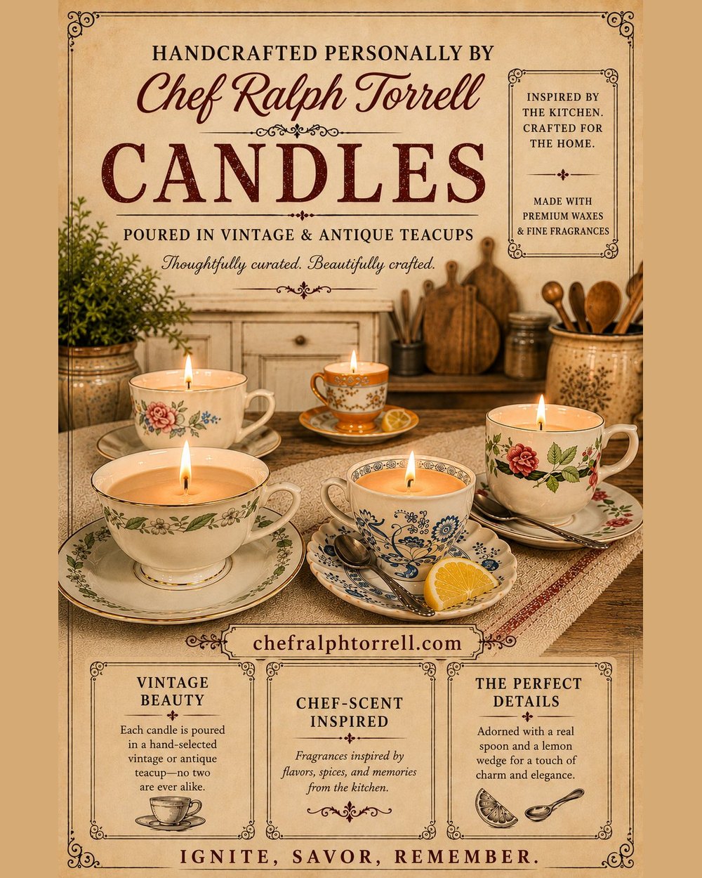 Candles poured into vintage floral teacups on saucers, lit, on a kitchen table
