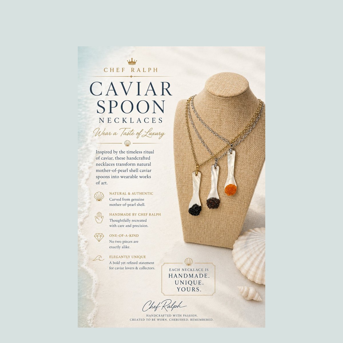 Caviar Spoon Necklaces information sheet