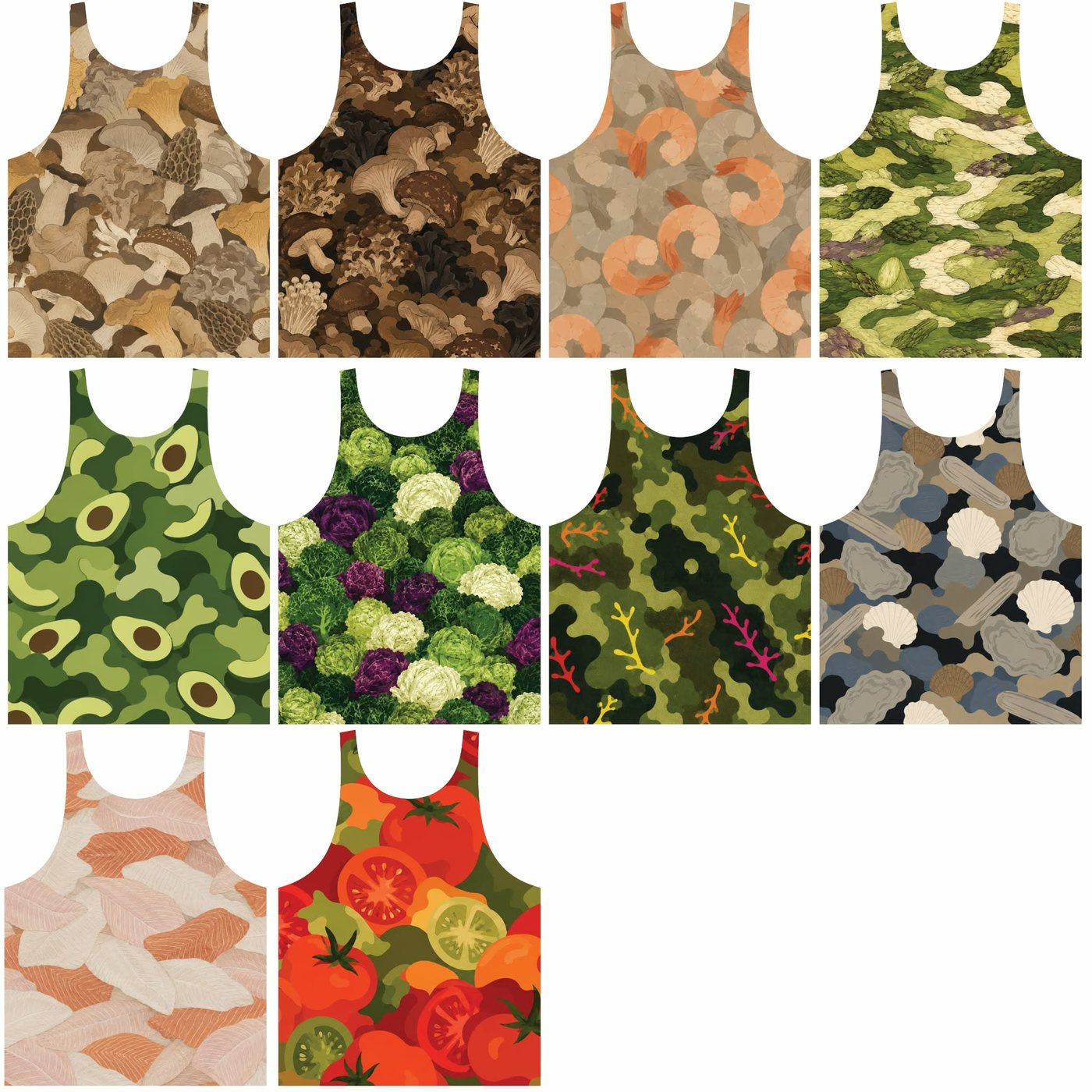 The full range of camo and food patterns available