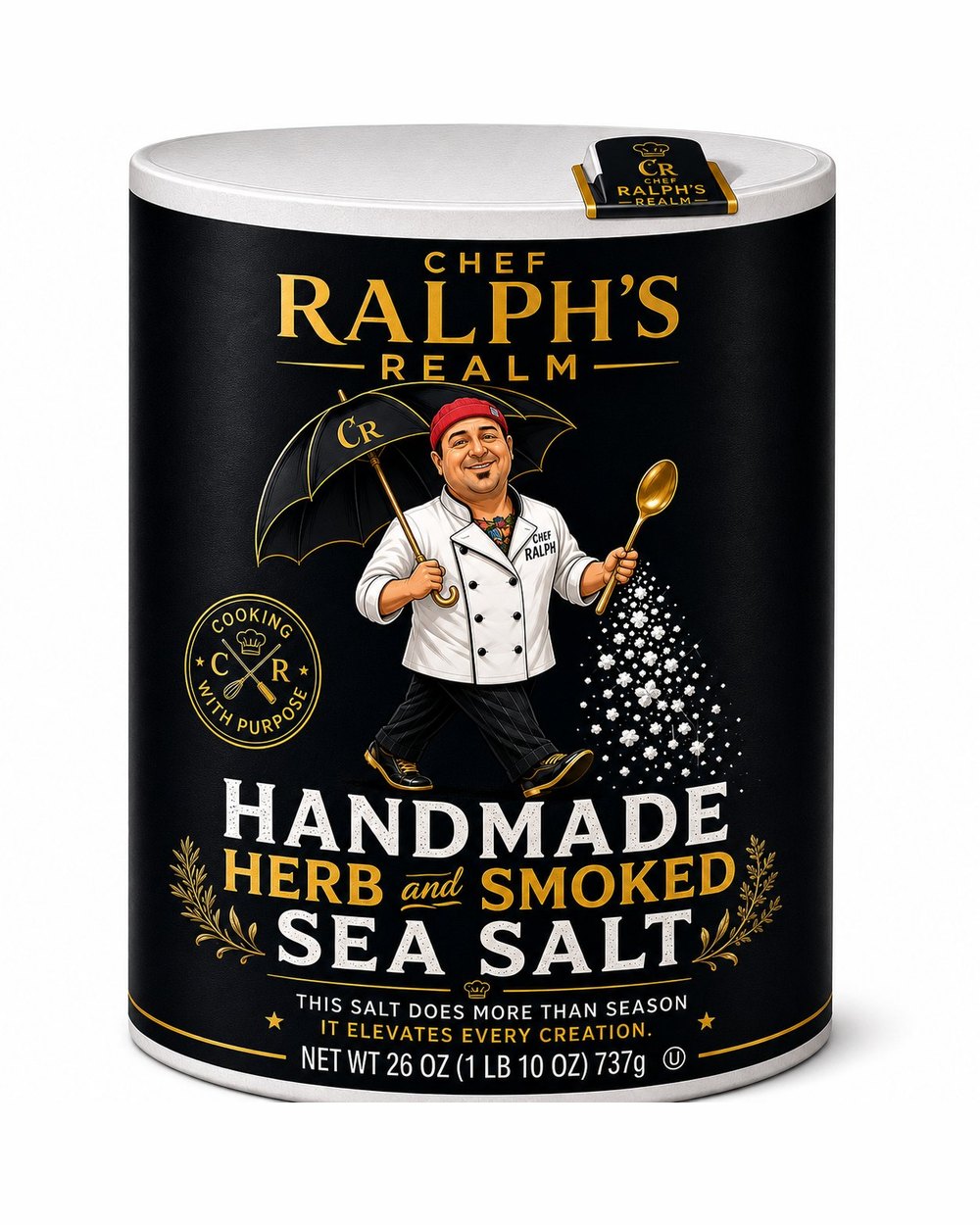 Black and gold tin of Chef Ralph's handmade herb and smoked sea salt