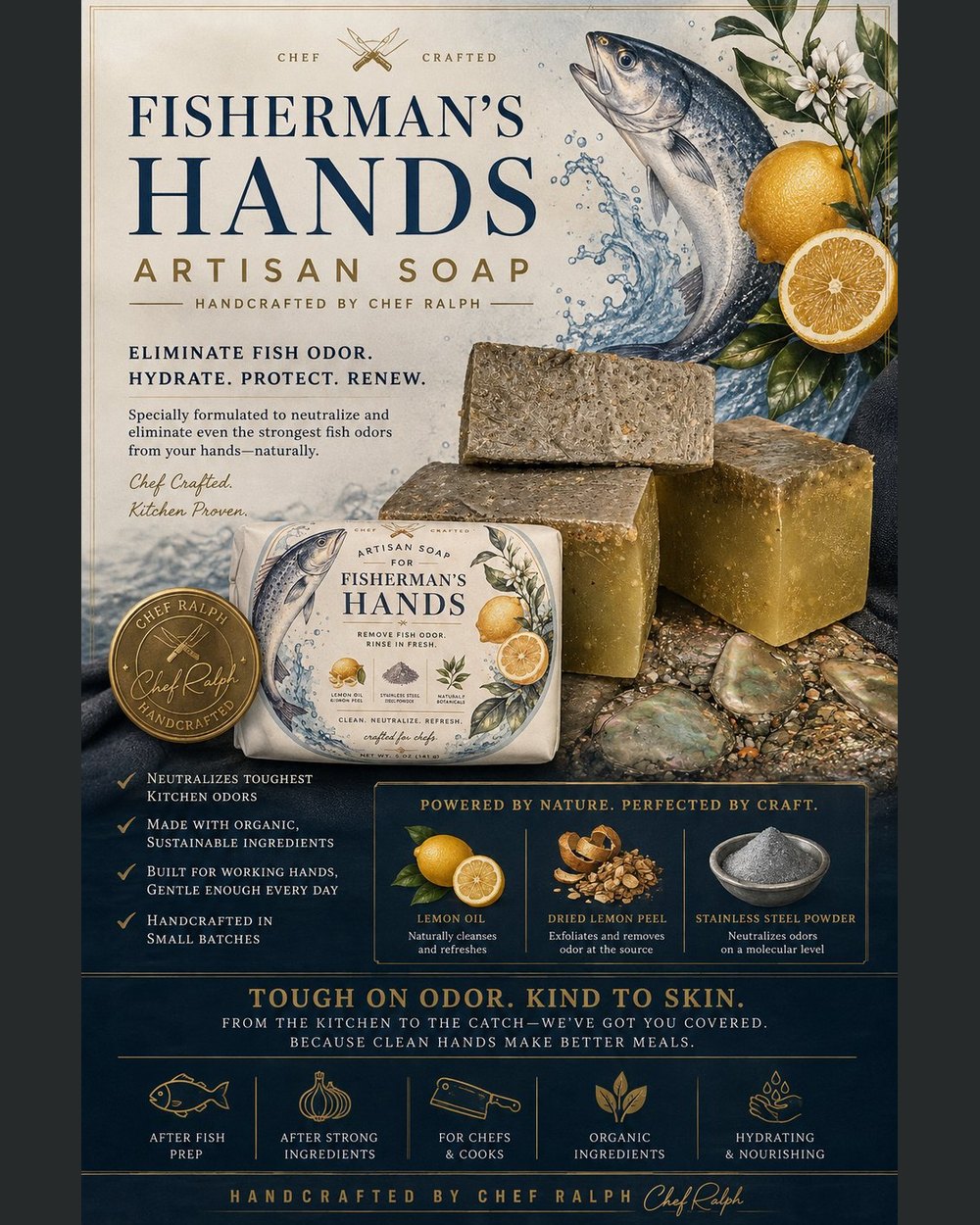 Fisherman's Hands artisan soap — stacked bars with lemon and a wrapped bar