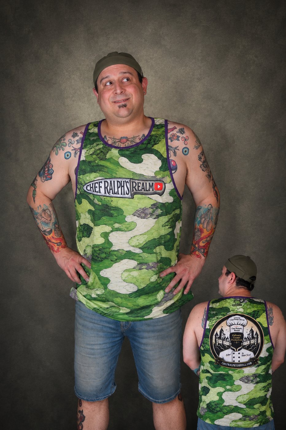 Chef Ralph wearing a green camo tank top, front and back