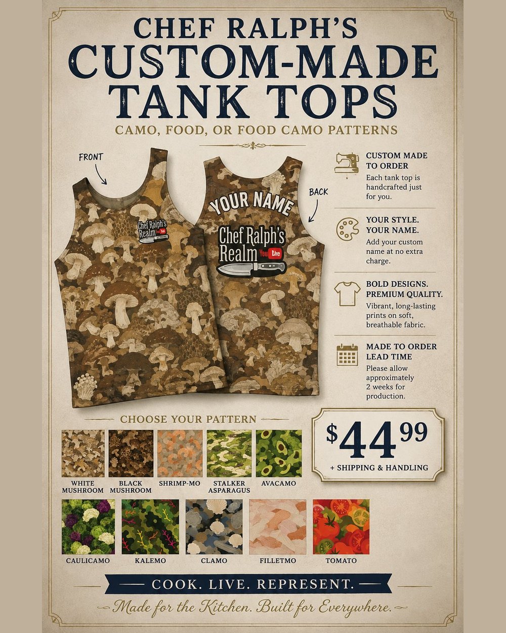 Custom-made tank tops in mushroom camo, front and back, with pattern options